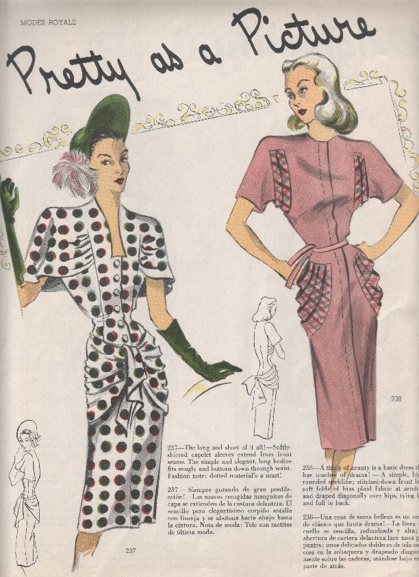 1940s Fashion: 1940's Sewing pattern fashion illustration for women's dresses featuring a polka dot dress and a 1940s dress with plaid accents. 