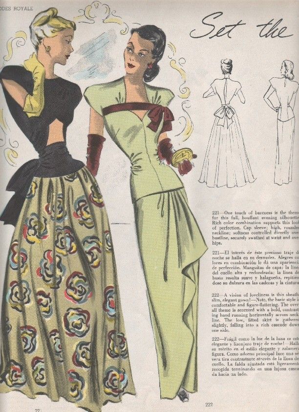 1940s Fashion: 1947 Sewing pattern fashion illustration for women's evening wear dresses as seen in Modes Royale spring/ summer catalog.
