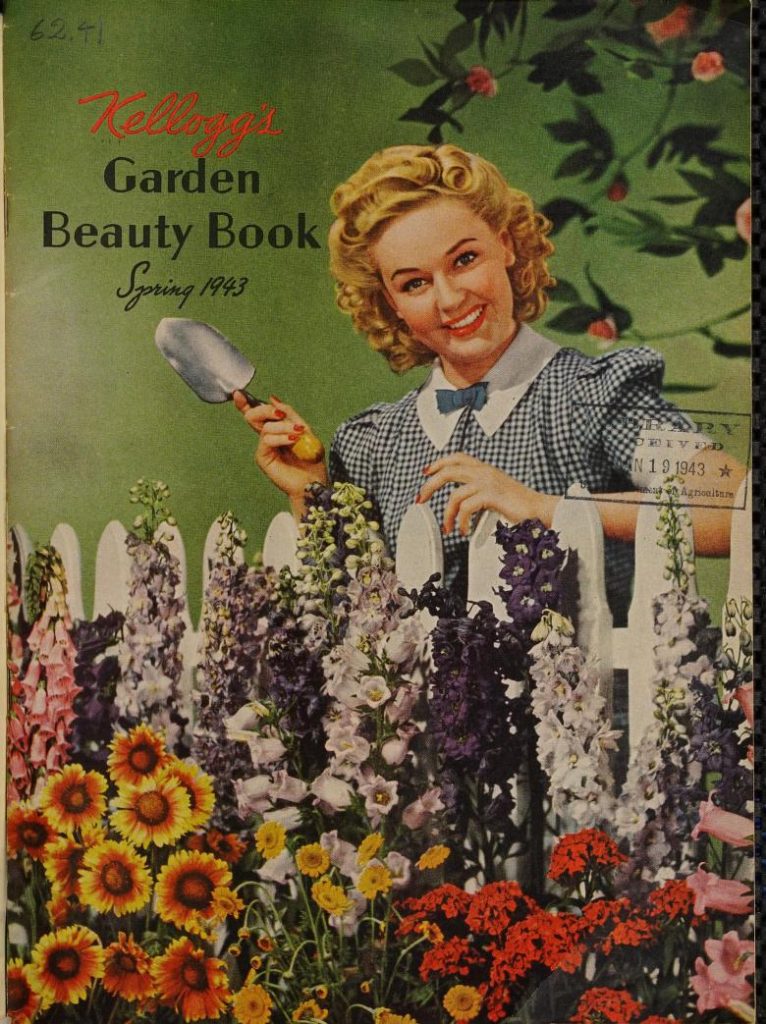 1940s vintage Garden Catalog from 1946 featuring a 1940s woman with a 1940s hairstyle posing in front of a white picket fence with a flower garden in front.