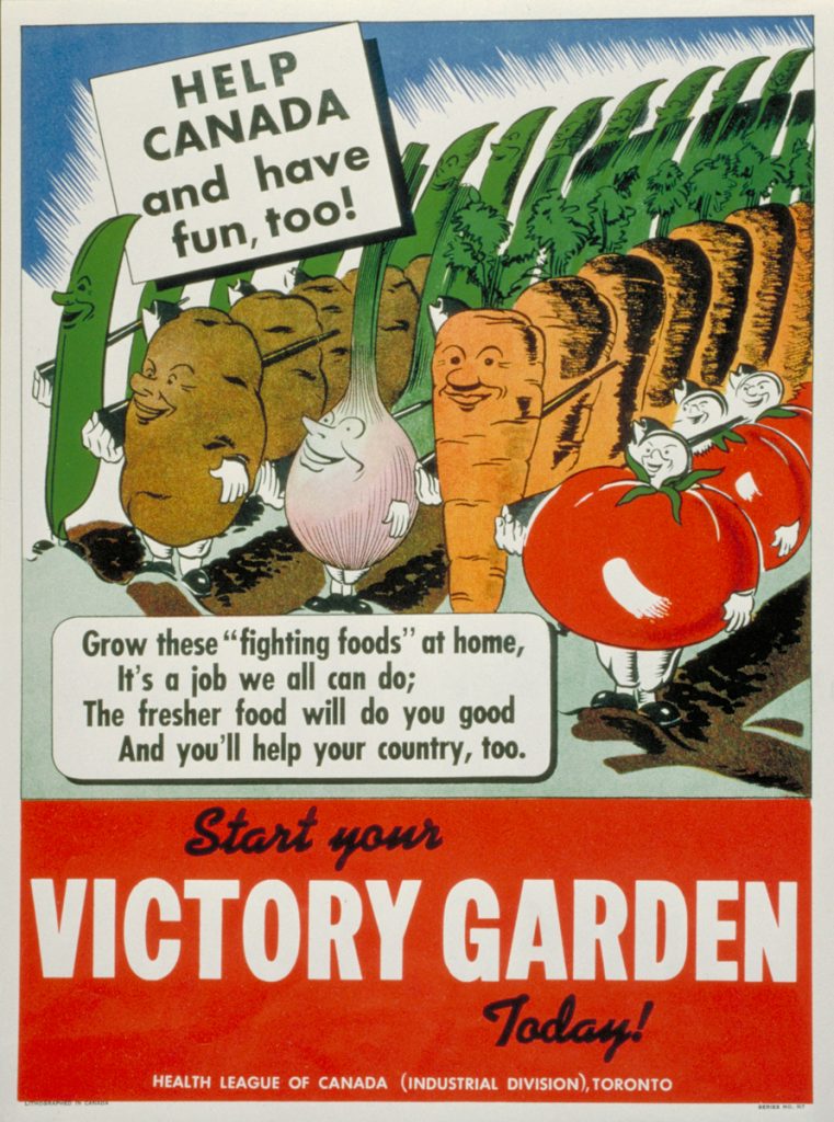 1940s vintage poster for a Canadian Victory Garden during WW2. Do your part at home! Illustration features vegetables looking like soldiers. 