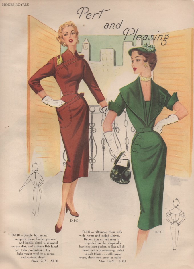 1950s Fashion Illustration as seen in a 1953 / 1954 Fall & Winter Modes Royale Pattern book. The Fashion illustration features afternoon 1 piece dresses for 1950s ladies who lunch.
