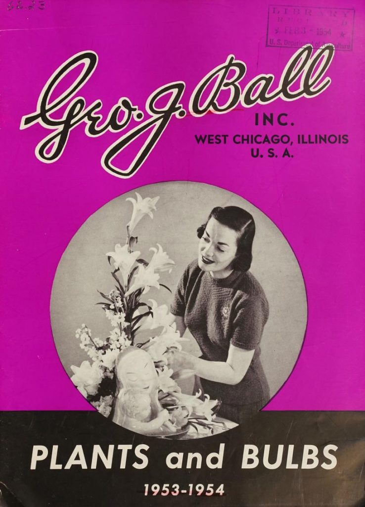 1950s vintage flower catalog for bulbs and plants from Geo. J. Ball Inc 1953-1954 featuring an image of a woman with lilies on the cover
