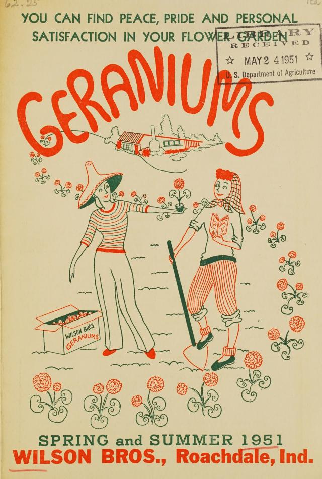 1950s vintage gardening catalog from spring summer 1951 for how to grow Geraniums featuring an illustration of two women in 1950s workwear including fun 1950s hat and a hairscarf.