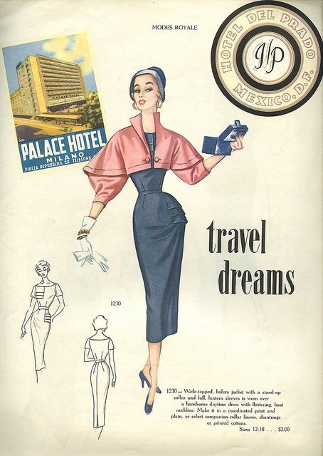 Travel Dreams! 1950s vintage sewing pattern fashion illustration from Modes Royale 1954 featuring a woman wearing a 1950s slim fitting dress and a bolero style coat while visiting Mexico. Fantastic 1950s fashions! 