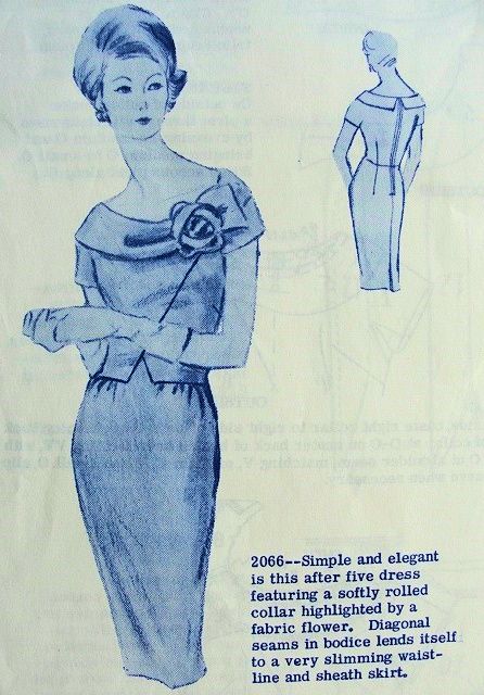 1960s Fashion: 1960s Sewing Pattern fashion illustration - Simple and elegant is this after five dress featuring a softly rolled collar highlighted by a fabric flower