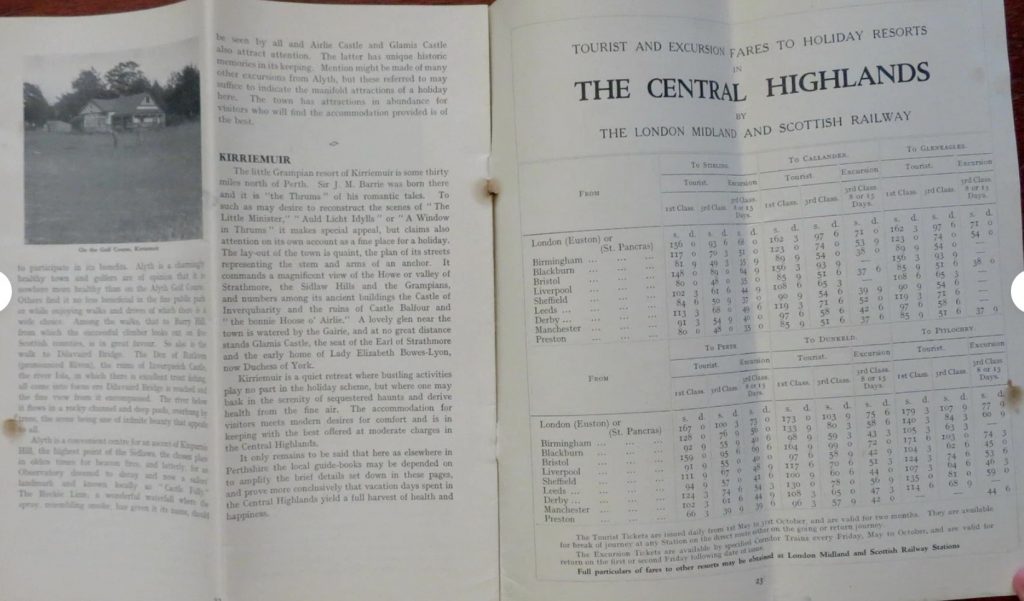 "Scotland for the Holidays: The Central Highlands". Travel brochure published c. 1930's, Edinburgh by McCorquodale & Co. The inside features a train schedule. 