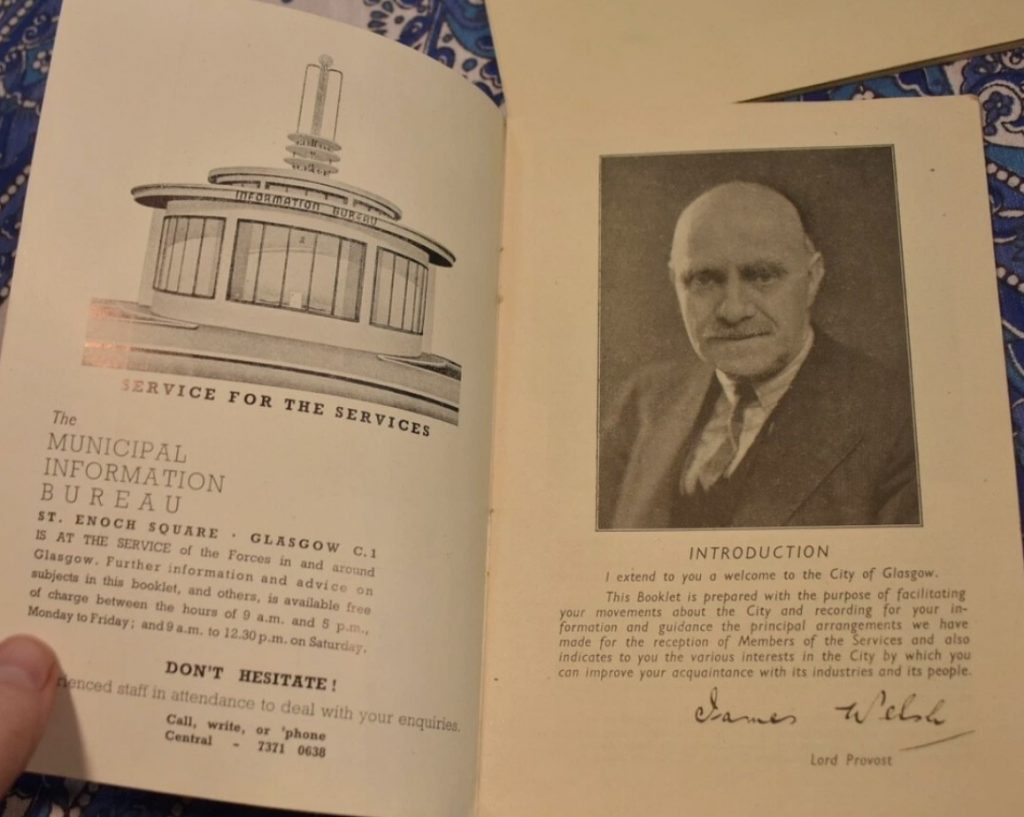 1930s vintage travel brochure for the forces visiting Glasgow Scotland. 
