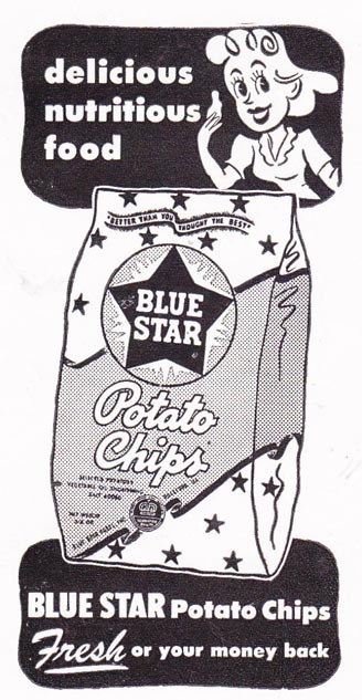 1940s vintage advertisement (1946) for blue star potato chips featuring an illustration of a 1940s woman with a bag of chips