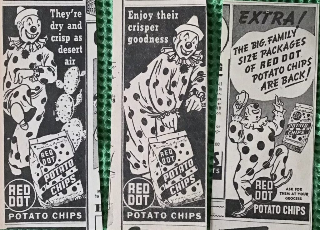 1940s vintage advertisement / Print Ad: 3 small 1946 newspaper ads for Red Dot Potato Chips - "Ta-To the Clown recommends" 