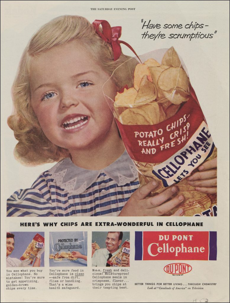 1950s vintage advertising-1953 ad for DuPont Cellophane featuring a cute 1950s kids holding a bag of Potato Chips.