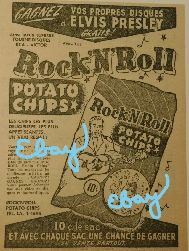 1950s vintage ad: Rock 'N' Roll Potato Chips! Win an Elvis Presley Record. 
