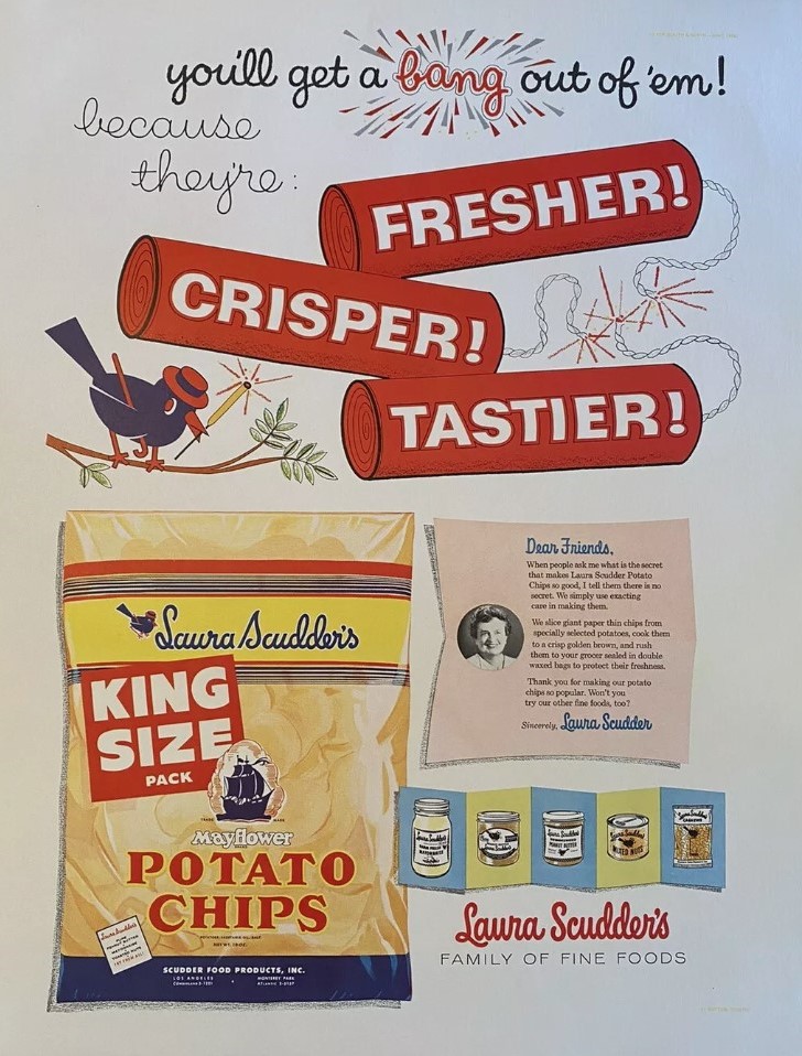 1950s vintage advertising: 1956 Laura Scudder's Potato Chips advertisement. Featuring an illustration of a bird lighting fireworks. 