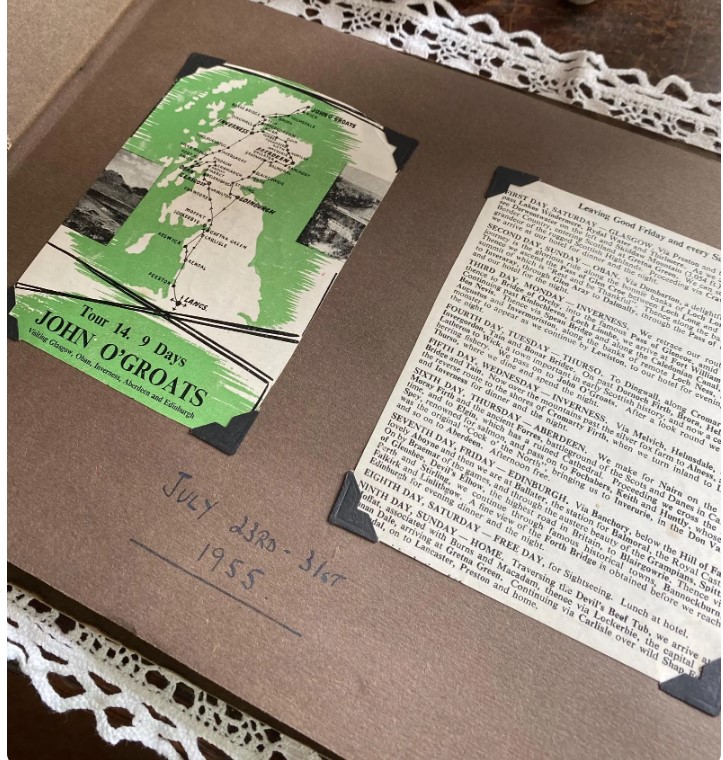 1950s vintage photo album of a couples trip to Scotland in 1955 featuring an image of their Itinerary.