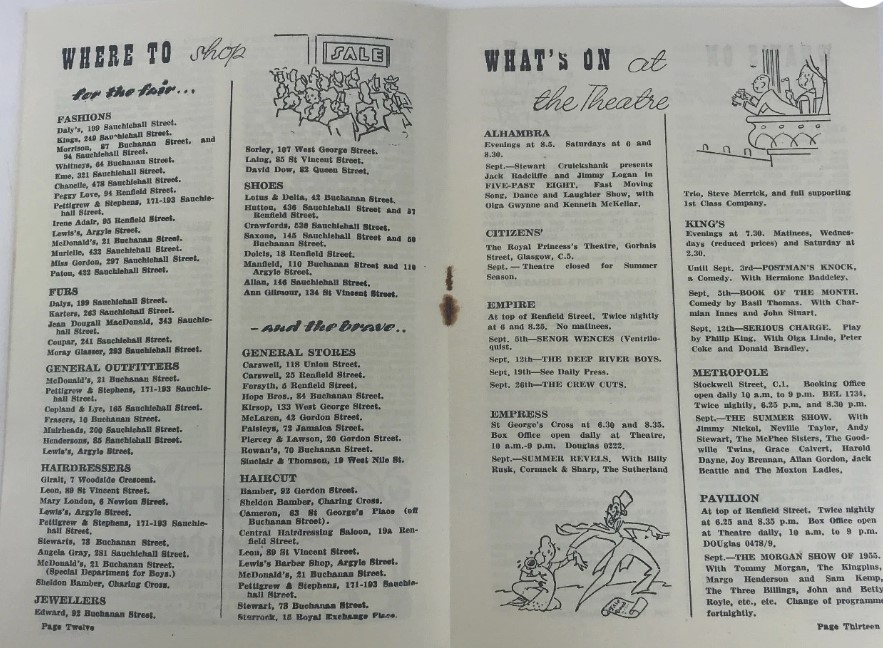 September 1955-What's on, Where to go in Glasgow. Fun Mid-Century illustrations in this brochure.