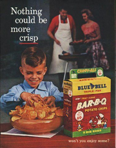 1960s vintage advertising for Blue Bell Bar-B-Q Potato Chips featuring an image of a 1960s family having a BBQ with the son putting the chips in a bowl. 