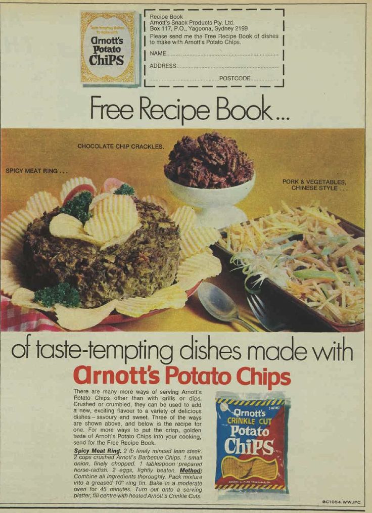 1970s vintage advertising: 1971 print ad from Arnotts Potato chips featuring a mail in for a "Free Recipe Book" featuring....

"Taste-tempting dishes made with Arnott's Potato Chips". Enjoy a "Spicy Meat Ring" with crush chips (recipe at the bottom of the ad). There is also "Chocolate Chip Crackles" & "Pork & Vegetables Chinese Style" featured in the retro recipe book.