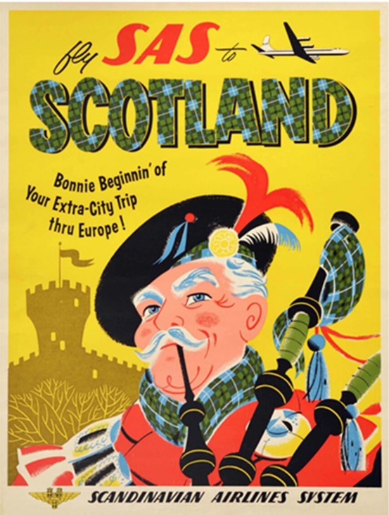 Vintage 1950s Scottish Travel Poster- Scotland Fly SAS