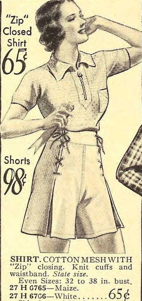 1930s vintage fashion illustration of a 1930s woman in shorts with side lacing from 1935. Fun 1930s fashiuon for women.