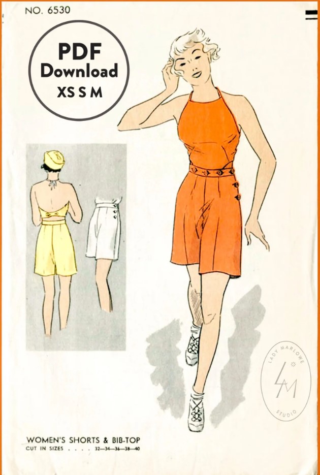 1930s Fashion / 1930s Sewing Pattern (avail as a digital download) for a women's beachwear outfit of shorts and a bib top (halter top). 