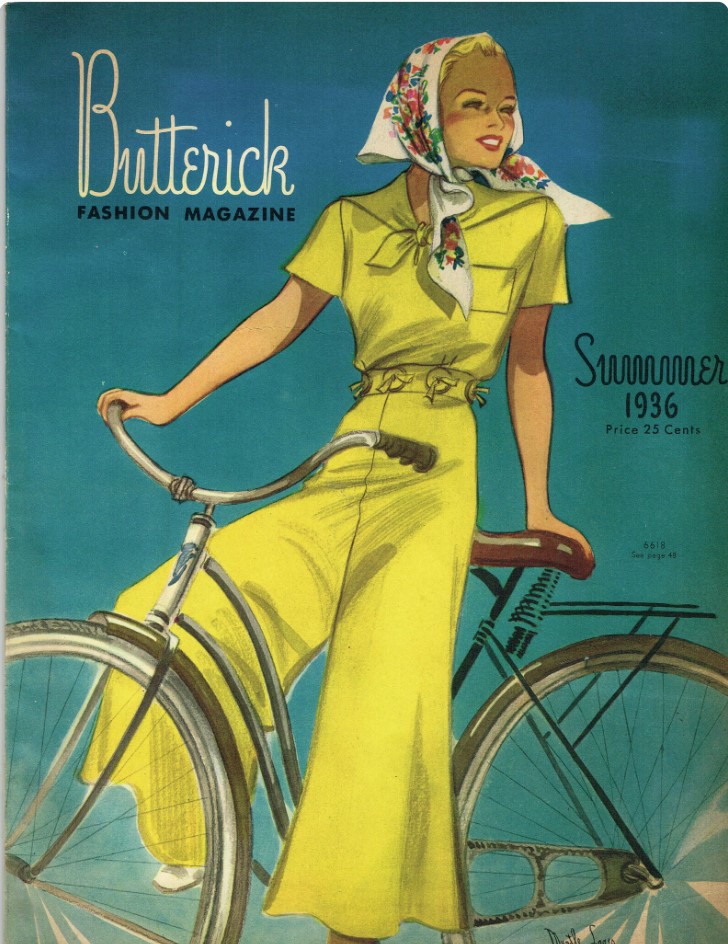 1930s fashion / 1930s Summer Style as seen in a Butterick 1935 Summer Fashion Magazine / Sewing Catalog (avail as a digital download). The cover fashion illustration features a woman on a bike in wide leg pants and a sailor top. 