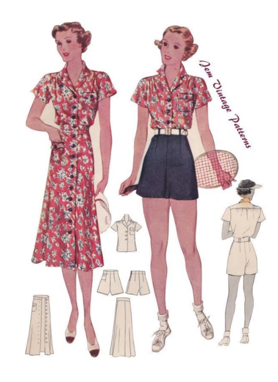 1930s Fashion / 1930s Sewing Pattern (avail as a digital download). 1930s sportswear set. Flared button up skirt, short sleeved blouse with breast pocket, darted shorts and belt.
