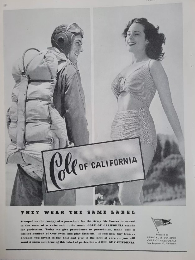 1940s vintage advertisement for Cole of California in 1943 (WW2). The vintage advertisement features a 1940s woman in a "Swoon Suit" one piece bathing suit with a paratrooper in the other image. During WW2 Cole made parachutes and limited number of swimwear. 