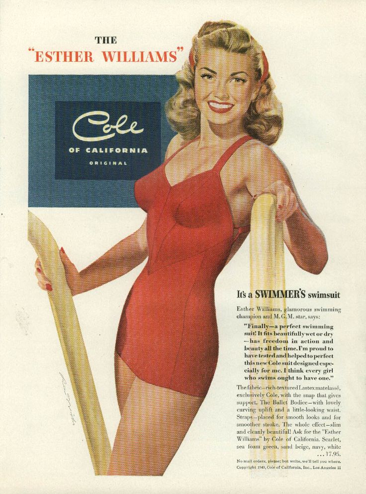 1940s Vintage Advertisement for Cole of California Swimwear featuring Esther Williams who was a spokeswoman for the brand from 1948-1952 (vintage ad is from 1949). Fantastic 1940s swimsuit and 1940s aesthetic. 