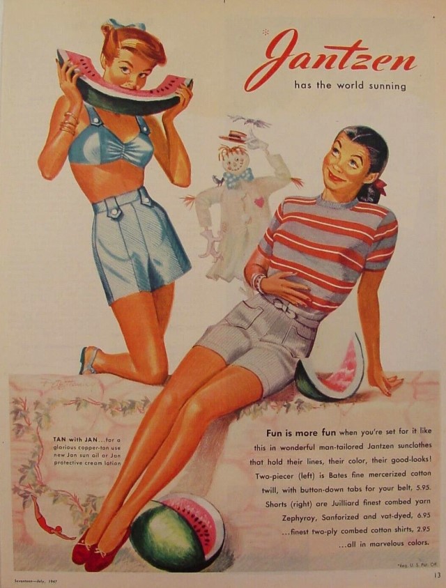 1940s vintage advertisement for Jantzen clothes called "sunclothes". Shorts & shirts. 1940s fashion / 1940s summer fashion. 