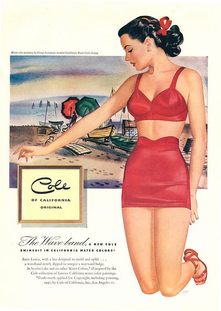 1940s vintage advertisement / 1940s Fashion: Cole of California Two Piece swimsuit, 1948. Illustrator Ren Wicks.