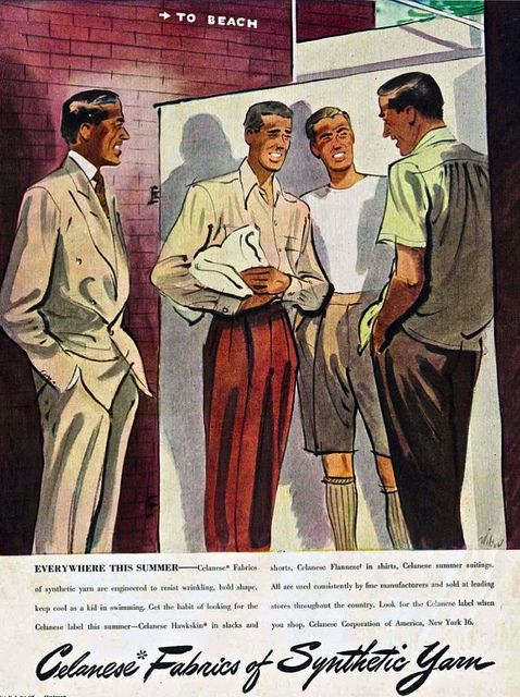 1940s vintage advertisement for menswear using synthetic yarn. The fashion ad features men in suits and pants and one man in shorts