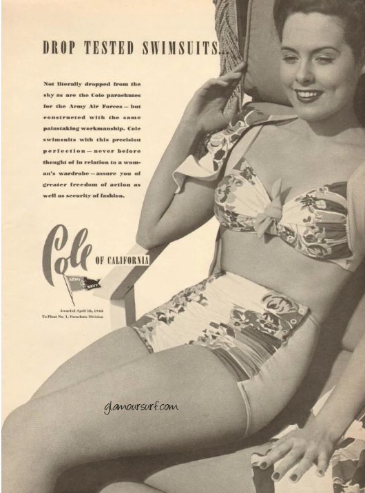 1940s vintage advertisement for women's two-piece bathing suit from Cole of California Swimwear. Fantastic 1940s fashion. 