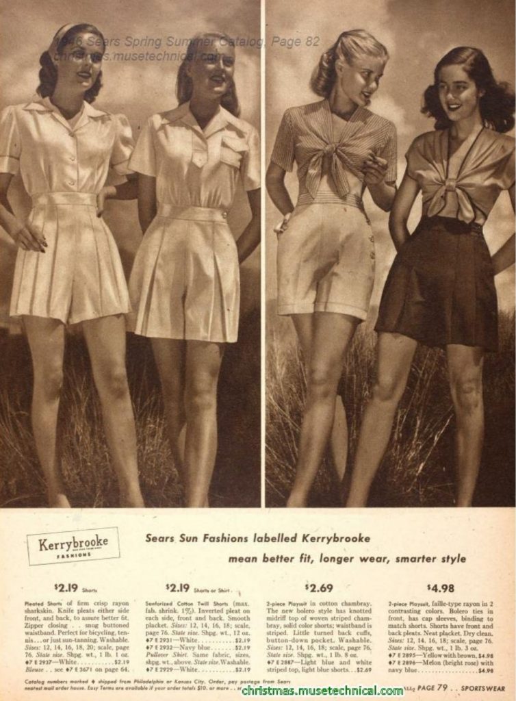 1940s Fashion / 1940s Summer Style as seen in a 1946 Sears Spring / Summer Catalog showcasing 'Kerrybrooke' shorts (pleated & twill) for young women. 