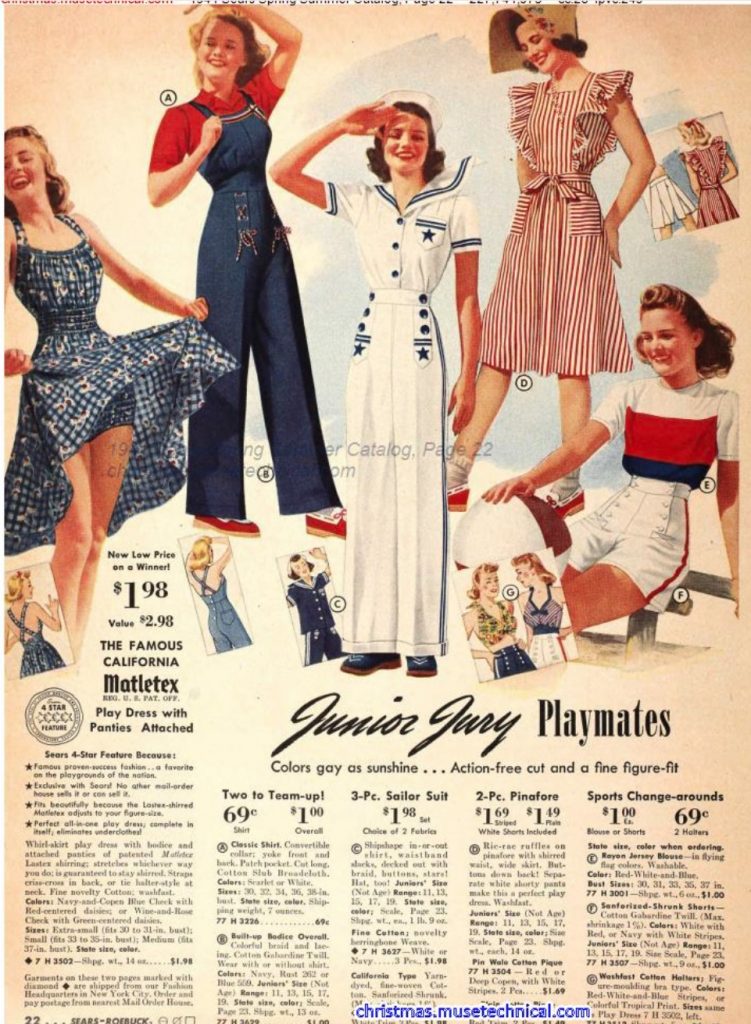 1940s vintage fashion as seen in a 1941 Sears Spring / Summer Catalog featuring Junior summer fashions like the sailor suit, pinafore dress and "Sports Change-arounds (blouse and shorts)