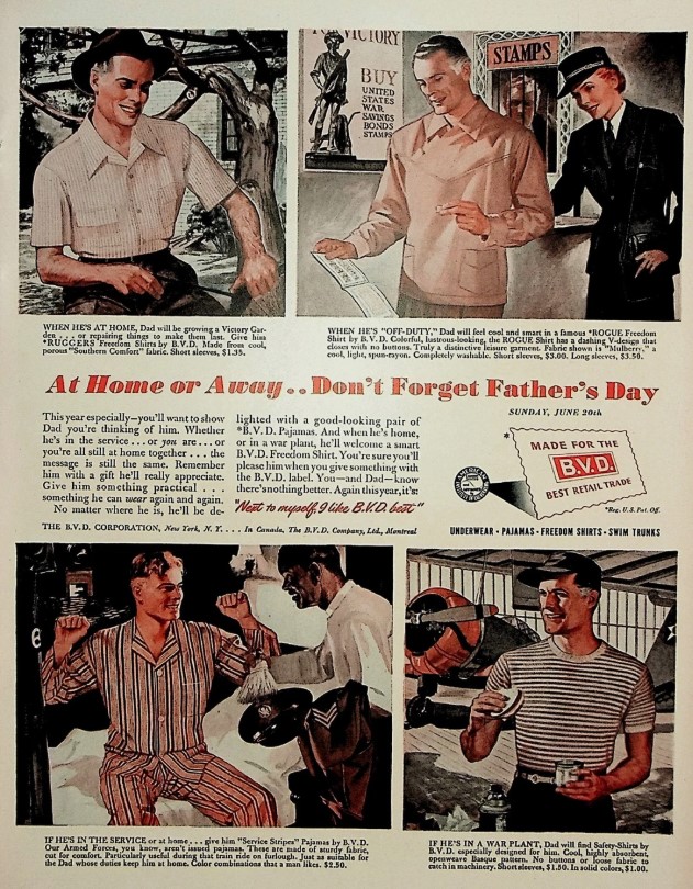 1940s vintage Father's Day ad: 1943 B.V.D. Clothing for Men, Pajamas Shirts.