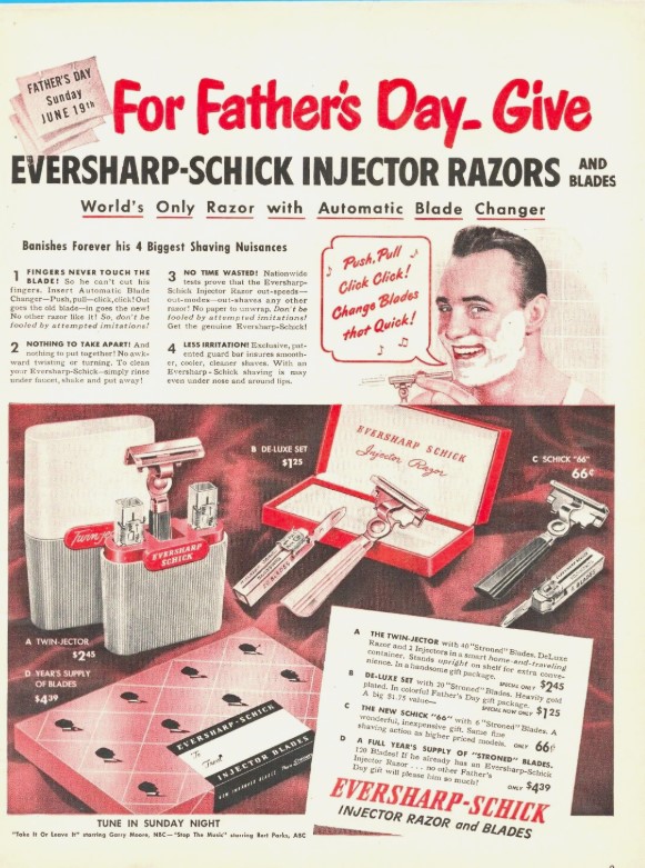 1940s vintage father's day ad: 1949 Schick Razors ad. Retro gift. 