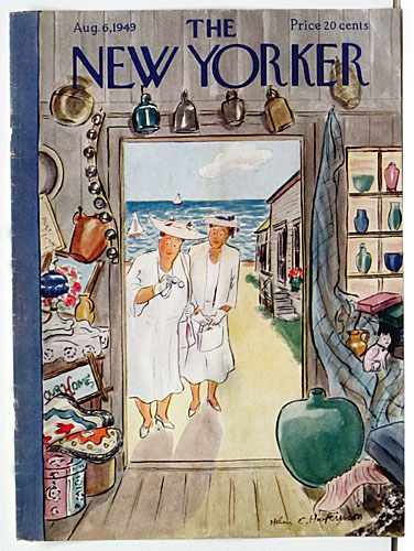 1940s vintage magazine cover: August 6th, 1949 New Yorker Magazine cover showing nice older ladies about to enter a Summer seacoast antique shop.