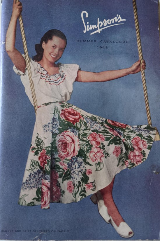 1940s vintage magazine cover from Simpson's-1948 Summer Catalogue featuring a woman on a swing an floral 1940s skirt and peasant top