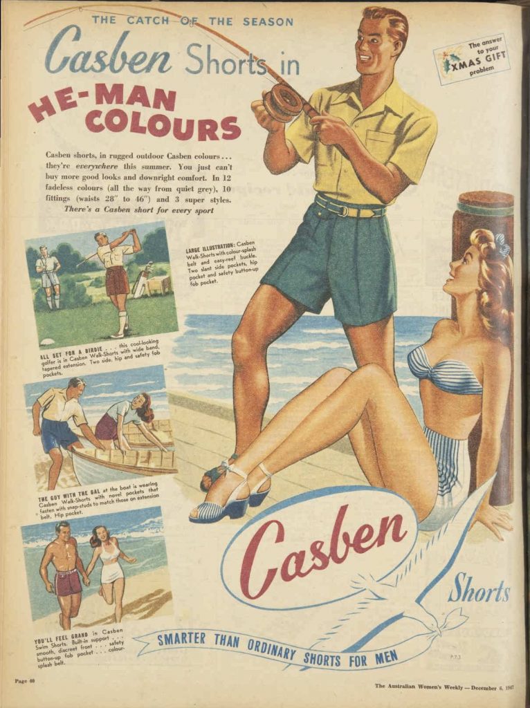 1940s vintage fashion ad for Casben shorts for men featuring an illustration of a man fishing, playing golf and boating with a pretty pinup like 1940s woman in a swimsuit and also shorts and t-shirt is nearby. 
