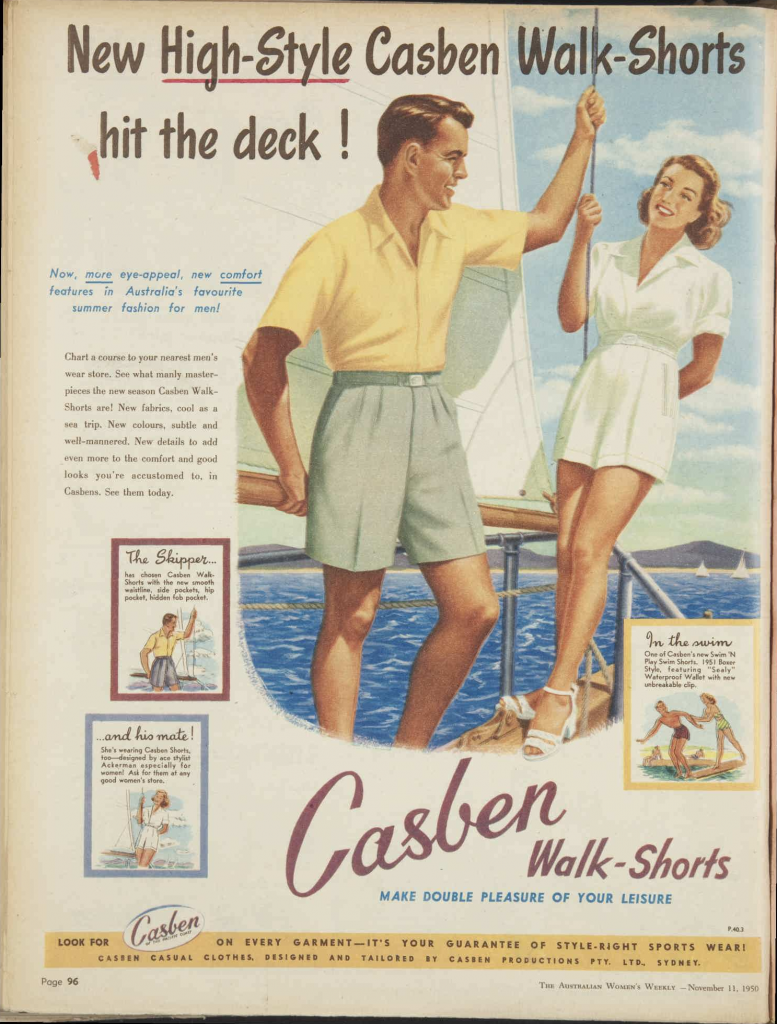 1950s vintage advertisement / 1950s Fashion: Casben Walk-Shorts for women and men. Perfect for summer sailing. 