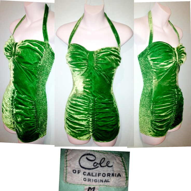 1950s Fashion: Vintage 1950s Cole of California VELVET Emerald Green RUCHED swimsuit / bathing suit