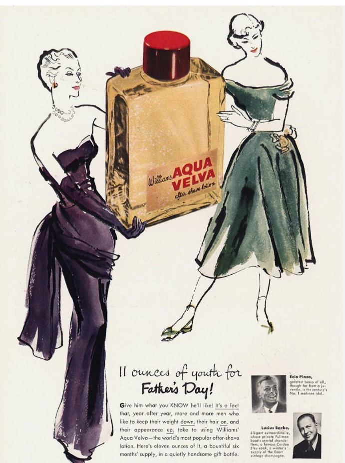 1950s vintage Father's Day ad: 1950 Aqua Velva After Shave Lotion. "11 Ounces of Youth for Father's Day". The ad features fashion illustrations of women's 1950s dresses. 