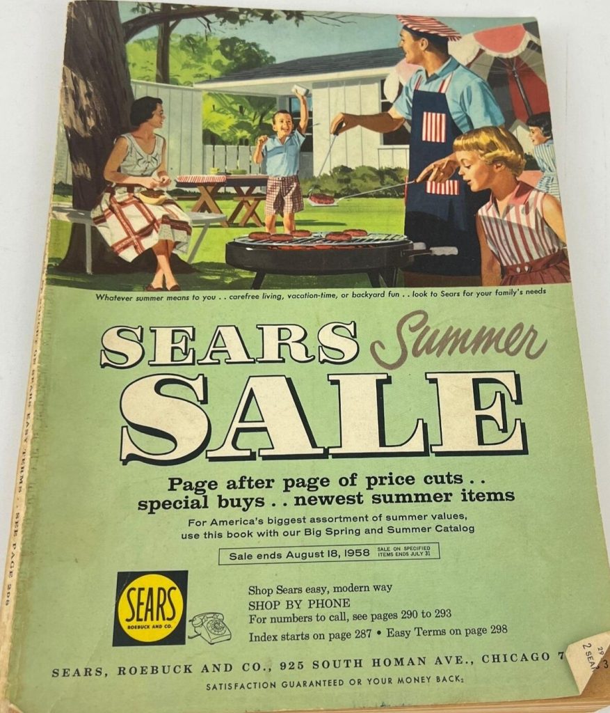 1950s vintage Catalog:  Vintage 1958 Sears Summer Sale Catalogue featuring an illustration of a 1950s family having a BBQ in their backyard in 1950s summer fashions. 