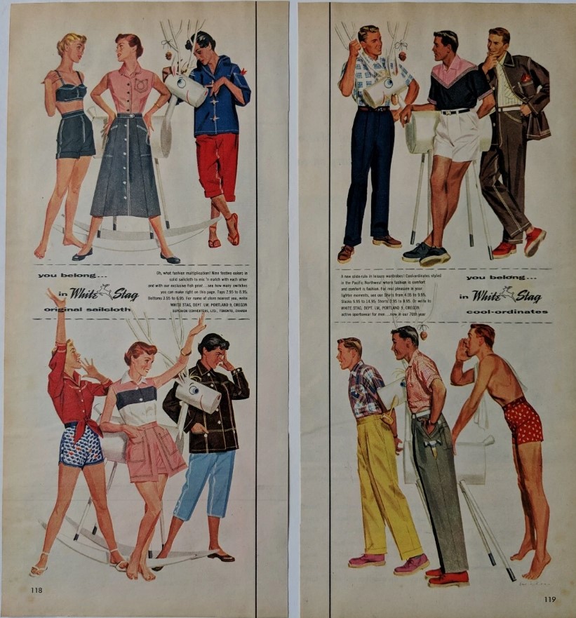 1950s Fashion / 1950s vintage ad from White Stag clothing featuring men and women's summer fashions like shorts, pedal pushers and more. 