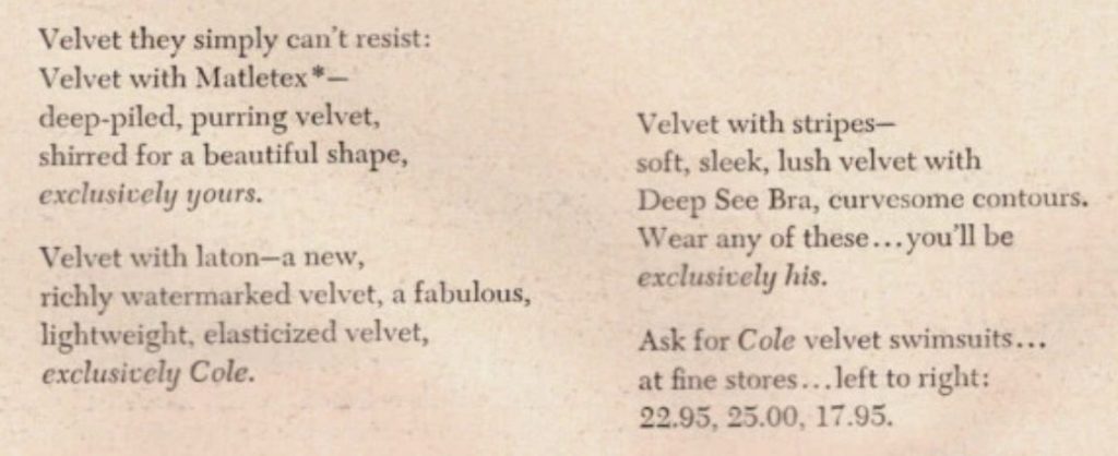 1950s vintage swimsuit ad for Cole of California Velvet bathing suits. "Watermarked velvet". 1950s fashion. 