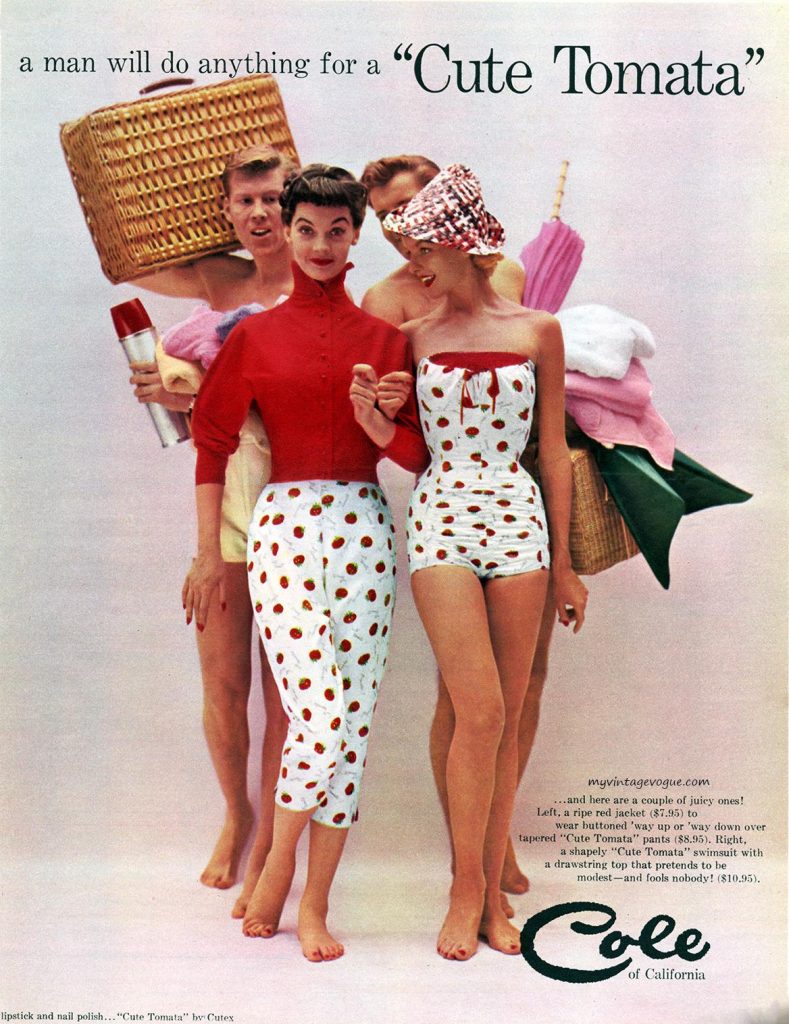 1950s Vintage Advertising / 1950s Fashion: Summer fashions from Cole of California, 1954 featuring tomato patterned pants, paired with a ripe red buttoned jacket and same patterned swimsuit with a drawstring top.
