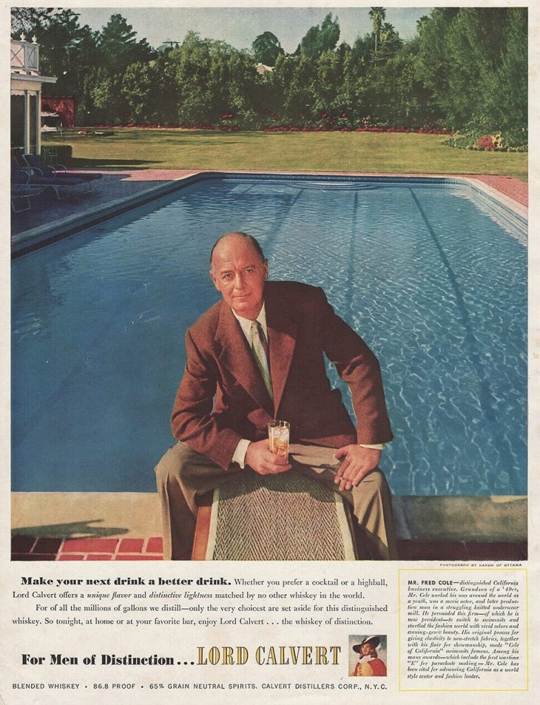 1950s vintage advertisement-1952 Lord Calvert Whiskey ad, featuring Fred Cole the creator of 'Cole of California' Swimwear.