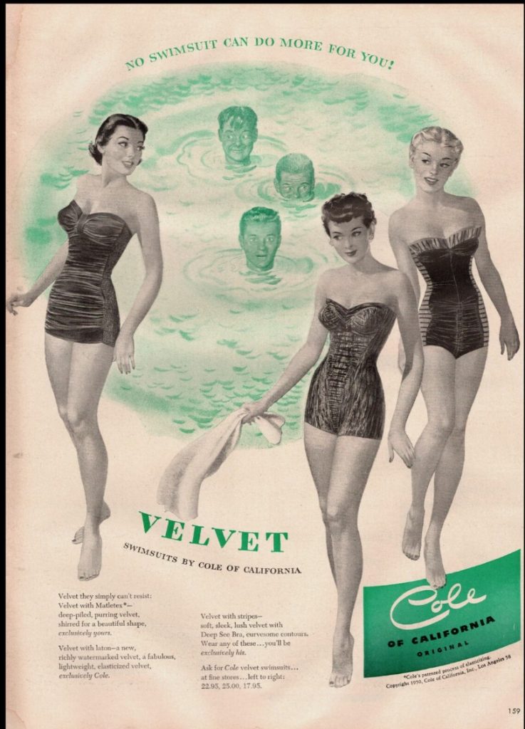 1950s vintage swimsuit ad for Cole of California Velvet bathing suits. "Watermarked velvet". 1950s fashion. 