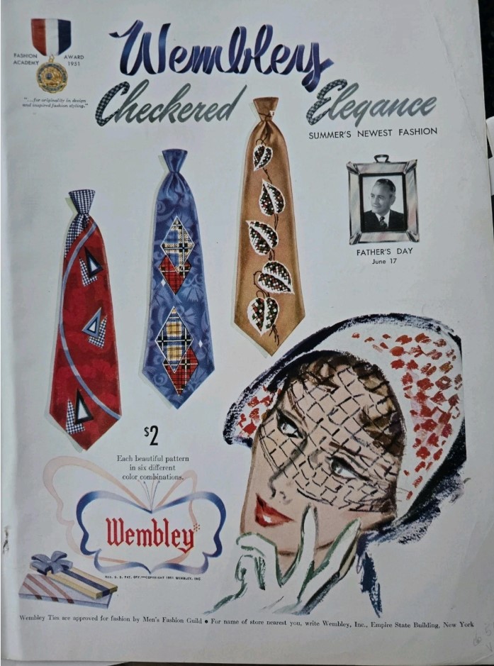 1950s Vintage Ad for Father's Day-1951 Men's Wembley Neckties. Fantastic early 1950s men's fashion. 