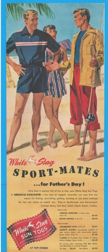 1950s Vintage Advertisement / 1950s Vintage Father's Day Ad-1951 ad for "White Stag Sport-Mates...for Father's Day!". 1950s summer fashions for men. 