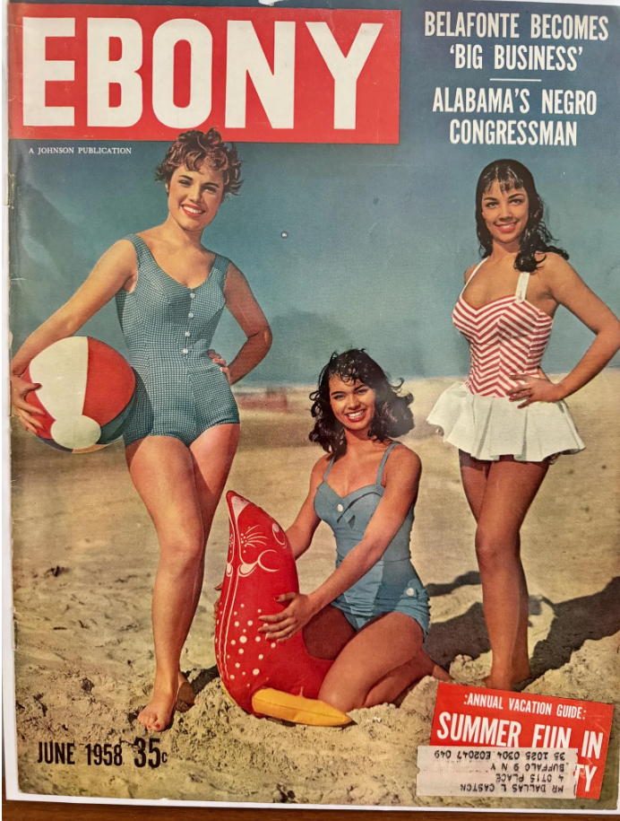 1950s vintage magazine-1958 Ebony Magazine Summer Fun swimsuit cover. Featuring 3 Women in adorable 1950s swimsuits. Fun summer style! 